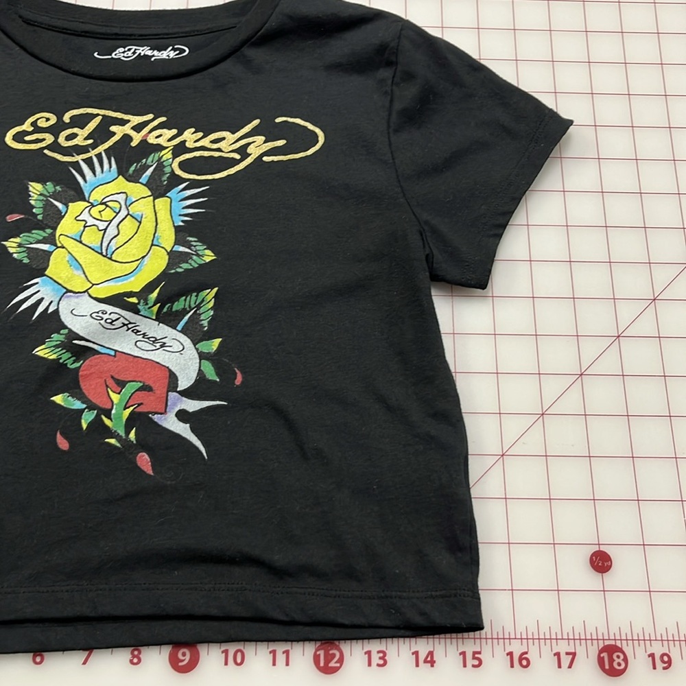 ED HARDY Novelty Print Black Crop Short SLV T-Shirt SZ  L (youth) XS/S (adult) - Picture 6 of 15
